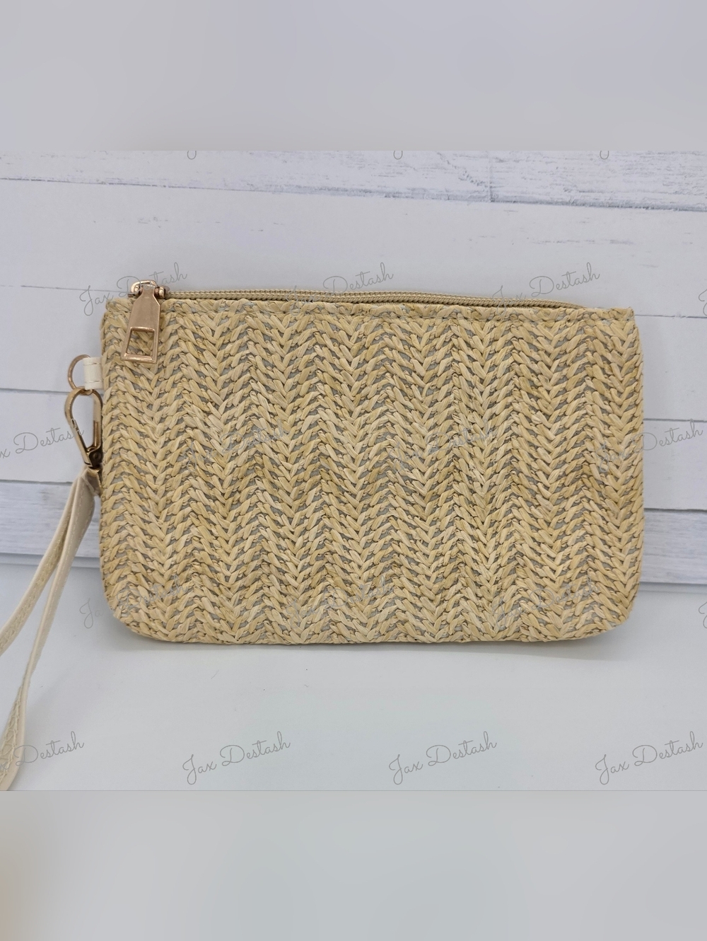 Beige Woven Straw Zip Clutch CL9266